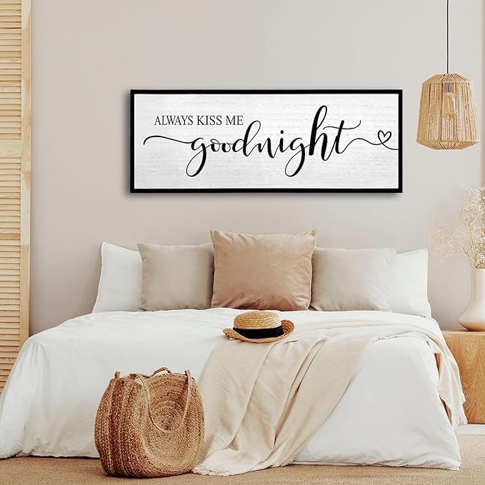Always Kiss Me Goodnight Wall Sign 40''×15'' Vintage Master Bedroom Above Bed Farmhouse Wooden Framed Family Wall Decor for Larg Couples Over Bed Wall Art Decoration (Black)