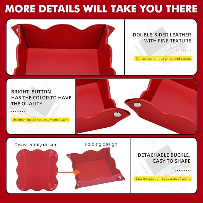 Valet Tray for Men Women 2 Pack - PU Leather Travel Catchall Tray Organizer - Desk Bedside Nightstand Storage Box for Jewelry Key Phone Remote Controller Wallet Watch Glasses Readers -Red