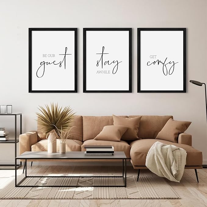 Be Our Guest Wall Decor Guest Room Wall Art Decor Stay Awhile Signs for Home Decor Minimalist Wall Art Over The Bed Sign Guest Bedroom Wall Decor Canvas Painting 12x16 Inch Wood Framed Set of 3