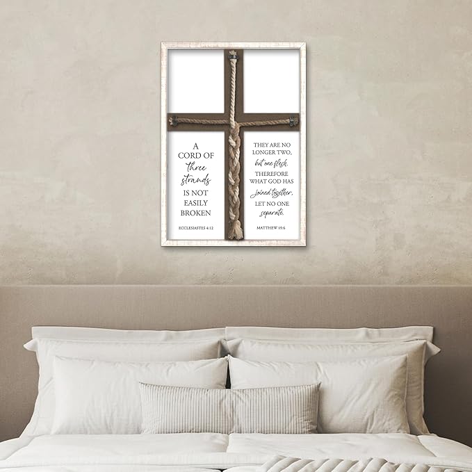 YWJKWLGS A Cord of Three Strands Wedding Ceremony Sign 22x16 Inch Anniversary Unity Knot Cross Christian Marriage Prayer Art Ideas Braid Rope Wall Decor for Couple Religious Wood Framed (White)
