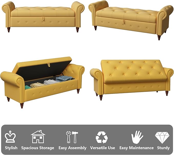 Aoowow Rolled Arm Storage Benches for Bedroom End of Bed Ottoman Bench 63" Long Bench with Storage and Seating for Living Room,Entryway,Window,Button Tufted with Solid Wood Legs (Linen Yellow)