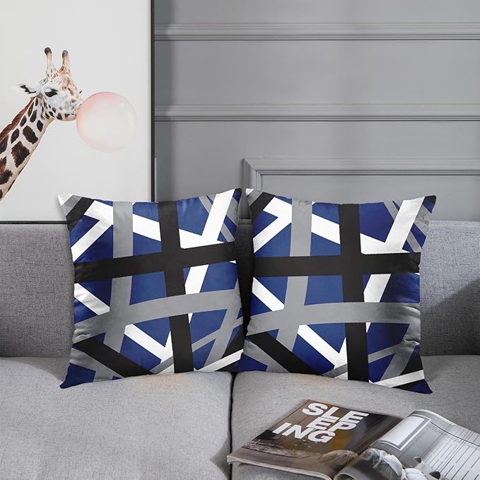 Emvency Set of 2 Throw Pillow Cover Blue Black Stripes Grey White Design Retro Decorative Pillow Case Striped Home Decor Square 18x18 Inch Cushion Pillowcase