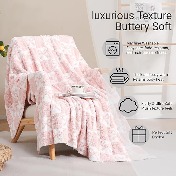 YIRUIO Pink Checkered Knit Throw Blanket - with Bow Pattern for Women Daughter, 60x80 Twin Size Ultra Soft Microfiber Reversible,Fluffy Fuzzy Cozy Throw for Bed, Sofa & Couch, Home Decor