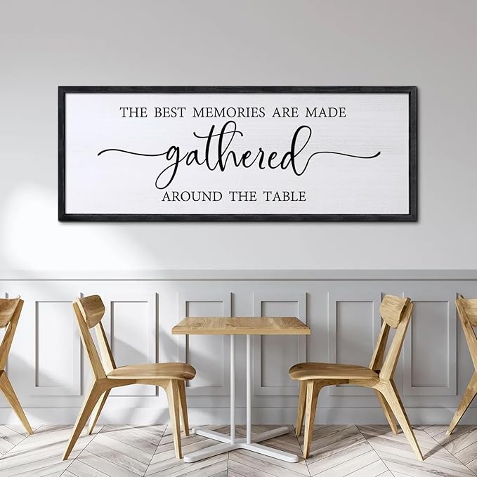 Foutcheou The Best Memories are Made Gathered Around The Table Wall Decor, 32''×12'' Framed Wood Farmhouse Kitchen Sign, Large Horizontal Dining Room Wall Art for Home Family, Black