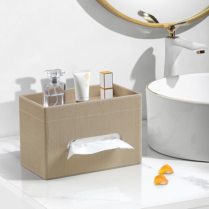 Plus Size Tissue Box Cover Rectangle, PU Leather Tissue Box Holder with Storage Tray, Decorative Organizer Tissue Holder for Bathroom, Bedroom Dresser, Night Stand, Office (Wooden Color)