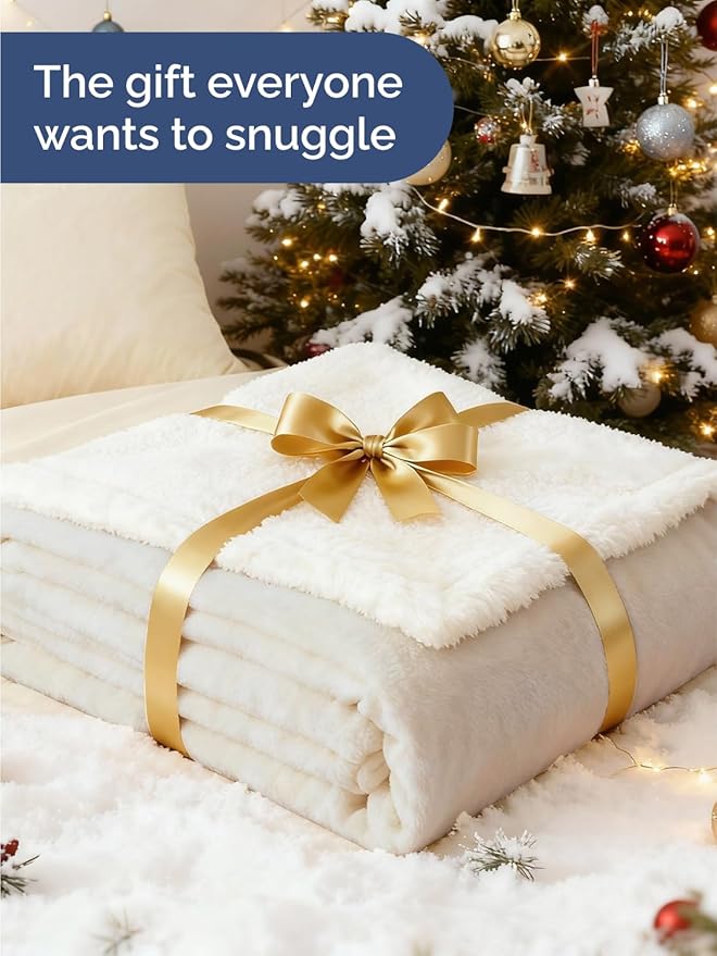 Sherpa Fleece Blanket Queen Size - Reversible Sherpa Fleece Queen Blanket - Super Soft Double Sided for Bed, Sofa, Couch - Thick, Warm, Fuzzy & Plush - Luxurious Bedding for Winter - Ivory, 90" x 90"