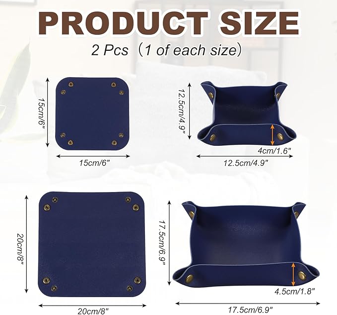 uxcell 2 Pcs Valet Tray for Women and Men, PU Leather Jewelry Tray Entryway Table Bedside Nightstand Catchall Storage Organizer for Jewelry Key Coin Watch Wallet(Square, Dark Blue)