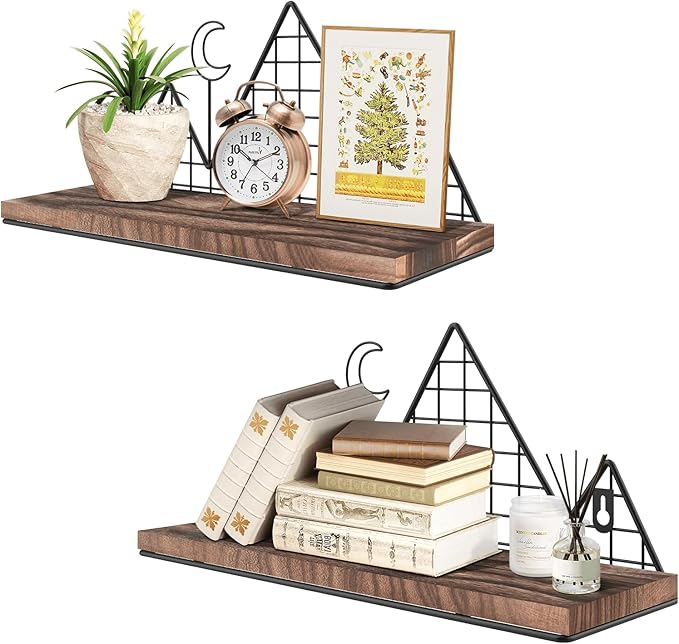 Homode Floating Shelves, Set of 2 Mountain Wall Shelves, Rustic Wood Display Storage Shelf with Metal Wire, Geometric Decor for Bathroom, Nursery, Bedroom, Office, Brown and Black