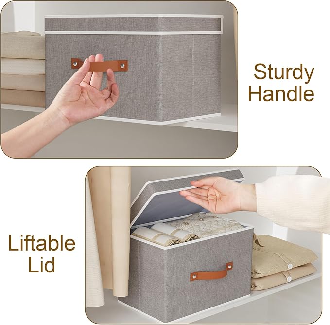 Collapsible Boxes, Linen Foldable Storage Bins with Lids, 15 x 9.8 x 9.8 Inch Storage Baskets with Double Handles, Grey, 5-Pack