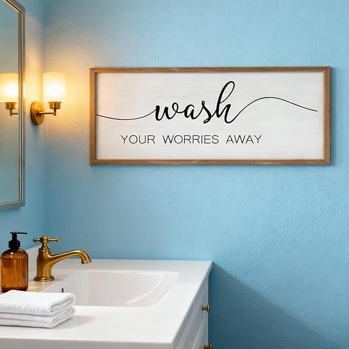 Foutcheou Funny Wash Your Worries Away Bathroom Wall Decor Sign 32x12 Inch Framed Wooden Wall Art with Inspirational Quote, Farmhouse for Home Laundry Room Guest Powder Room Wall Decor