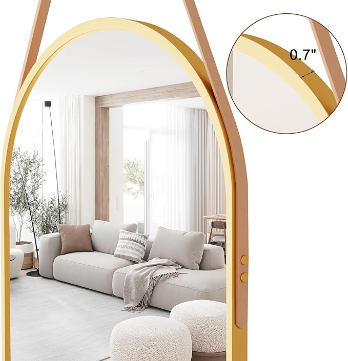Full Length Mirror, Arched Wall Mounted Mirror, 48"x16" Door Mirrors with Hanging Leather Strap, Wall Mirrors Full Length with Aluminum Frame for Bathroom Living Room Entryway (Gold)