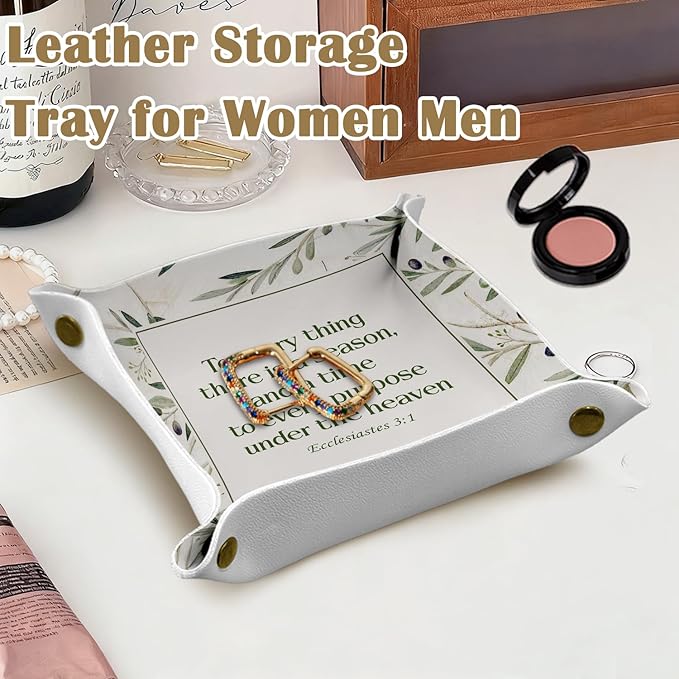 Christian Gifts Leather Jewelry Valet Tray,Religious Bible Verse Botanical PU Leather Catchall Beside Caddy Nightstand Organizer Tray for Jewelry Rings Watches Keys and Accessories,7.8x7.8inch