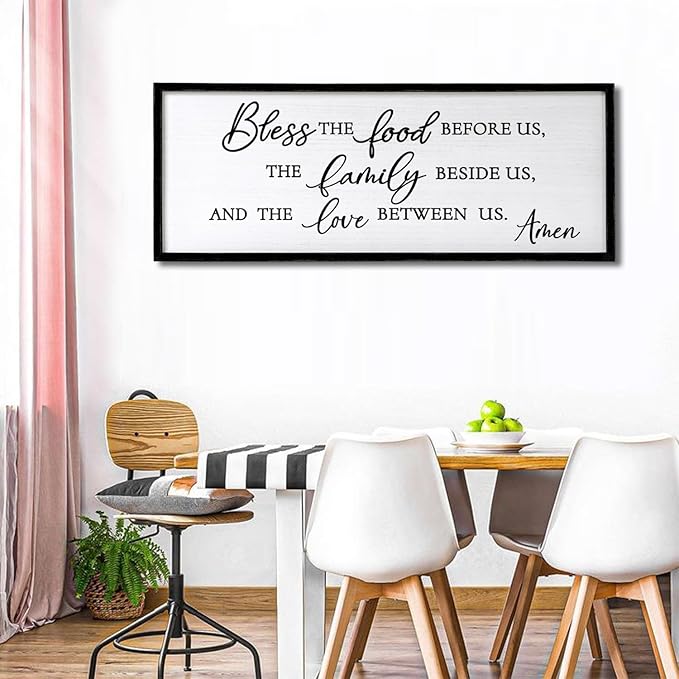 Foutcheou Bless The Food Before Us Wall Decor, 32"X12" The Love Between Us Sign Framed Farmhouse Kitchen Wall Decororation, Rustic Christian Bible Verse Wall Art for Dining Room
