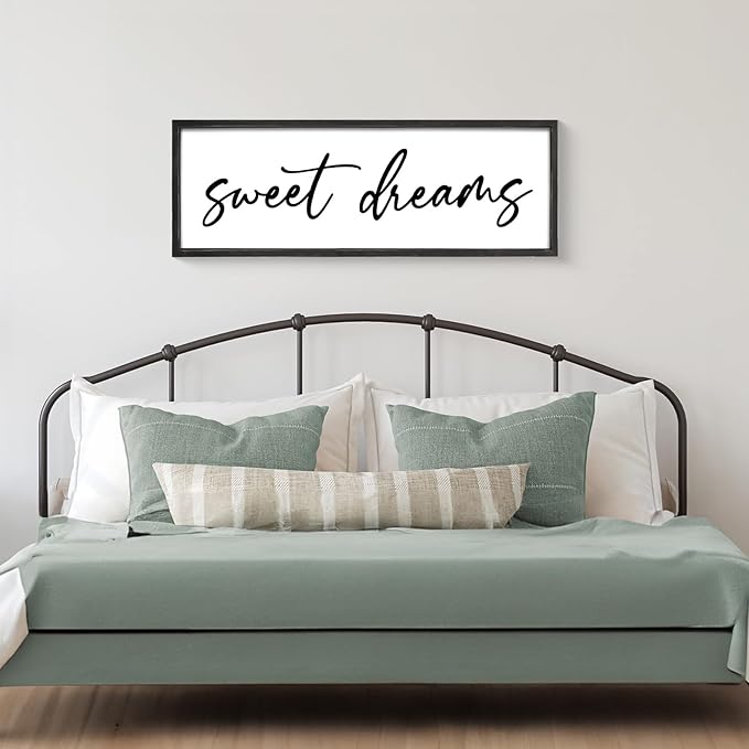 Sweet Dreams Wall Decor Above Bed 42''×15'' Large Bedroom Sign Farmhouse Bedroom Wall Sign Wood Framed Guest Room Decor Master Bedroom Wall Decoration (Black)
