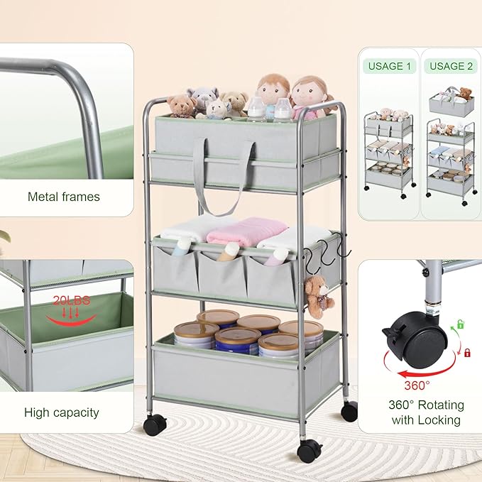 2in1 Colorful Baby Diaper Caddy Organizer Cart 3 Tier Large Capacity Metal Utility Bedside Rolling Cart with Divider for Newborn Nursery Essential Must Have Crib Bedroom Baby Shower(Green)