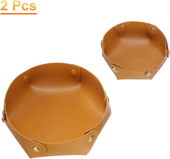 HARFINGTON 2pcs PU Leather Valet Tray Unisex Valet Tray Folding Round Catchall Tray Portable Entryway Table Tray Nightstand Bedside Desk Tray for Key Watch Coin Jewelry Dice, Ginger Yellow