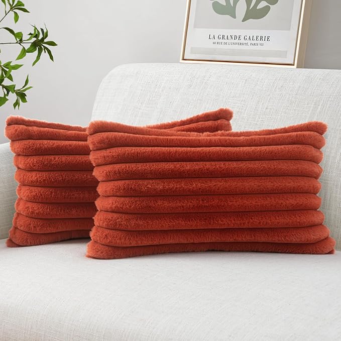 MIULEE Faux Fur Lumbar Decorative Throw Pillow Covers 12x20 Inch Set of 2, Retro Vintage Boho Home Decor Soft Plush Couch Pillows Cozy Fluffy Cushion Covers for Sofa Bed Rust