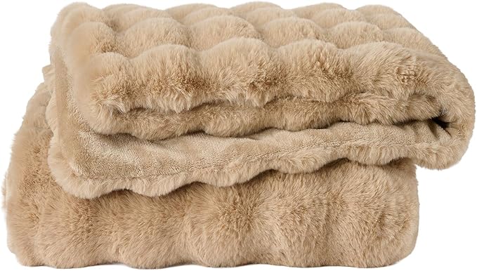 Lotus Karen Queen Size Faux Fur Blanket Khaki - Big Bubble Rabbit Fluff Blanket for Bed, Large Fluffy Fuzzy Cozy Blanket, Thick Furry Plush Shaggy Blankets, 90x90 Inches