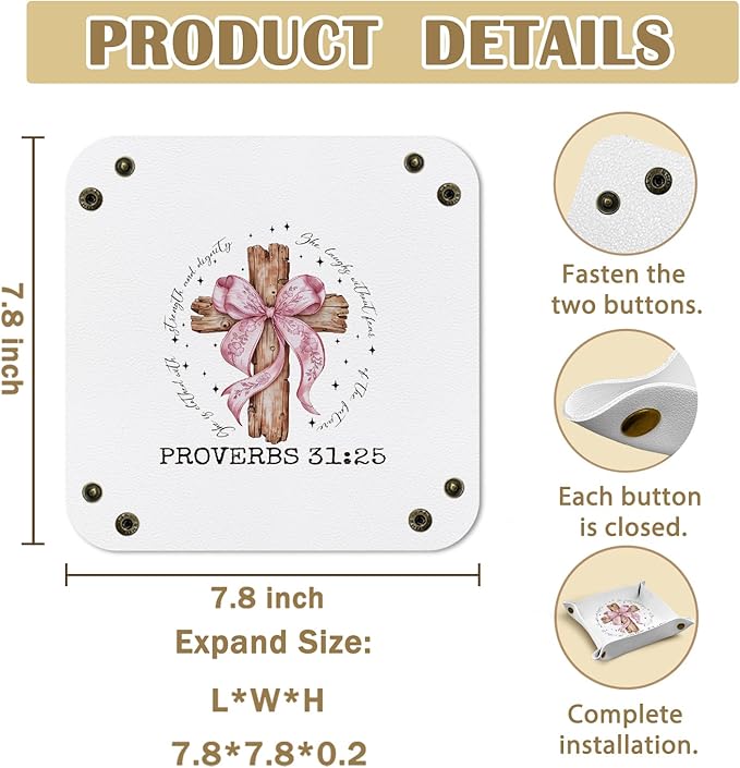 Christian Gifts for Women Faith - Proverb 31 Woman Gifts Religious Pink Bow Bible Verse PU Leather Catchall Beside Caddy Nightstand Organizer Tray for Rings Watches,7.87x7.87in