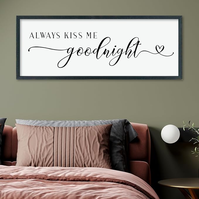 comurdyo Romantic Couple Always Kiss Me Goodnight Sign 40"×15" for Large Modern Rustic Love Theme Master Bedroom Above bed Wood Frame Horizontal Hanging Wall Art Decor (Black)