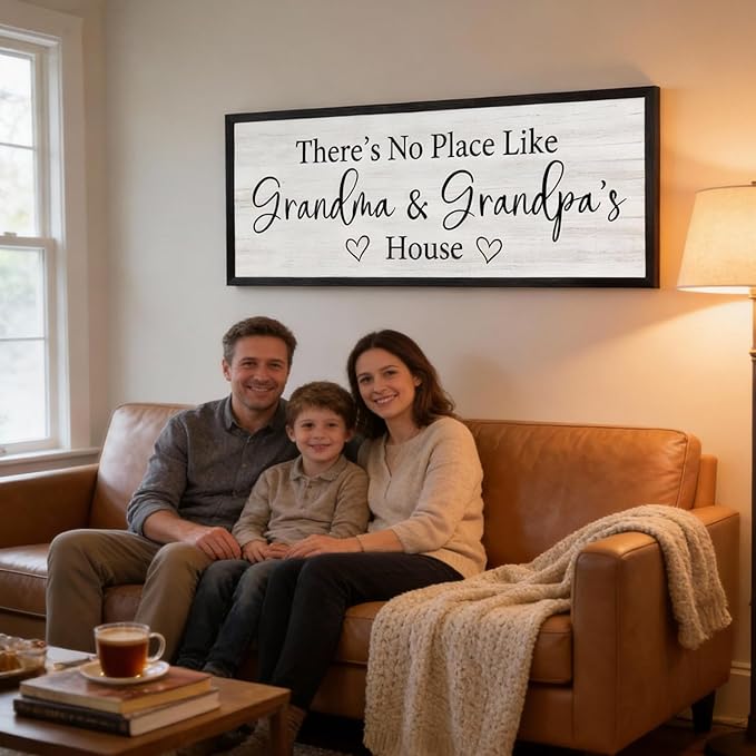 There’s No Place Like Grandma and Grandpa’s House Wall Decor: 32x12 Inch Framed Wooden Family Quote Sign, Rustic Farmhouse Wall Art for Grandparents’ Home, Living Room or Entryway, Black