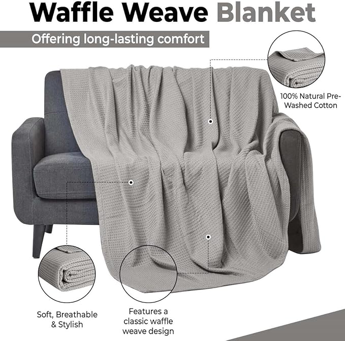 100% Cotton Blankets for Bed - Waffle Weave Blankets for Summer, Lightweight and Breathable Soft Woven Blanket for Spring (Light Grey, Throw (50" x 60"))