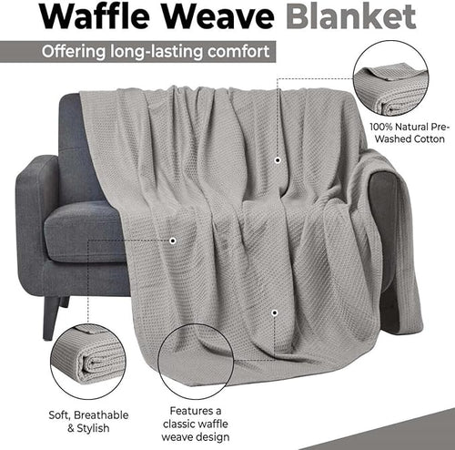 100% Cotton Blankets for Bed - Waffle Weave Blankets for Summer, Lightweight and Breathable Soft Woven Blanket for Spring (Light Grey, Throw (50" x 60"))