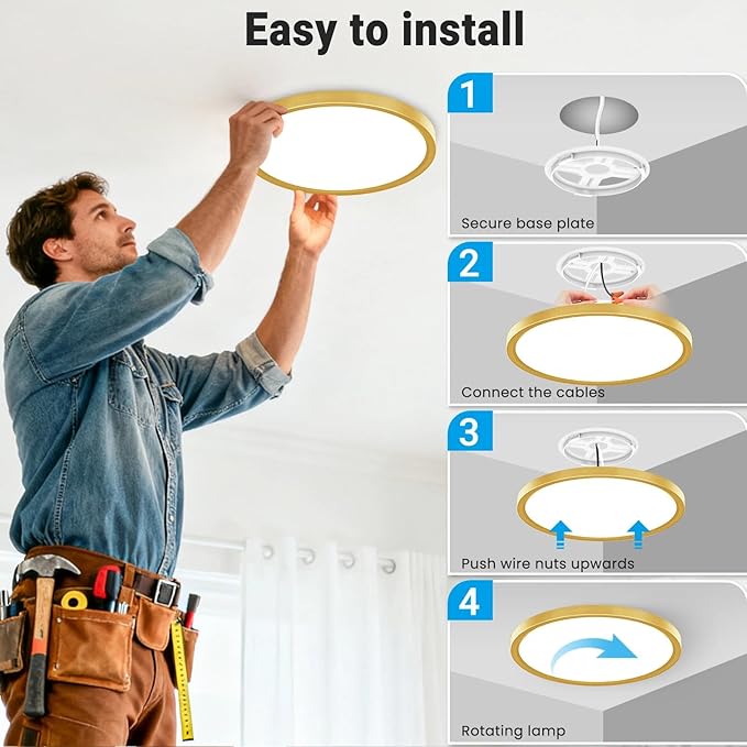 2 Pack LED Flush Mount Ceiling Light,12Inch 24W,3000K/3500K/4000K/5000K/6500K 5 Color Temperatures Ceiling Light Fixture for Kitchen Porch Hallway Bedroom Bathroom and Closet,Gold