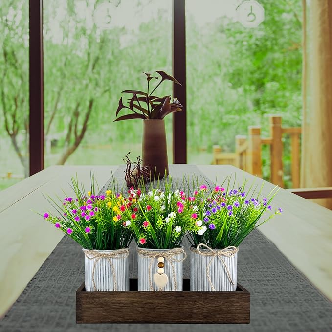 Gypsophila Baby's Breath Artificial Flowers in Rustic Metal Pots and Wood Tray, Table Centerpiece Decorations Fake Flowers for Home Décor