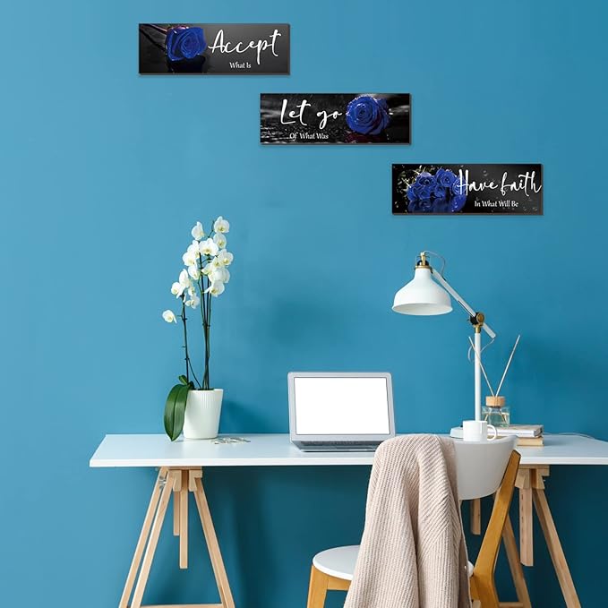 ZINYAZHE 3 Pcs Blue Bathroom Wall Decors Inspirational Blue Decor Wooden Roses Flower Wall Art Office Wall Decor with Accept Let Go Have Faith Quotes for Girl Women Bathroom Bedroom(12 x 4 Inch)