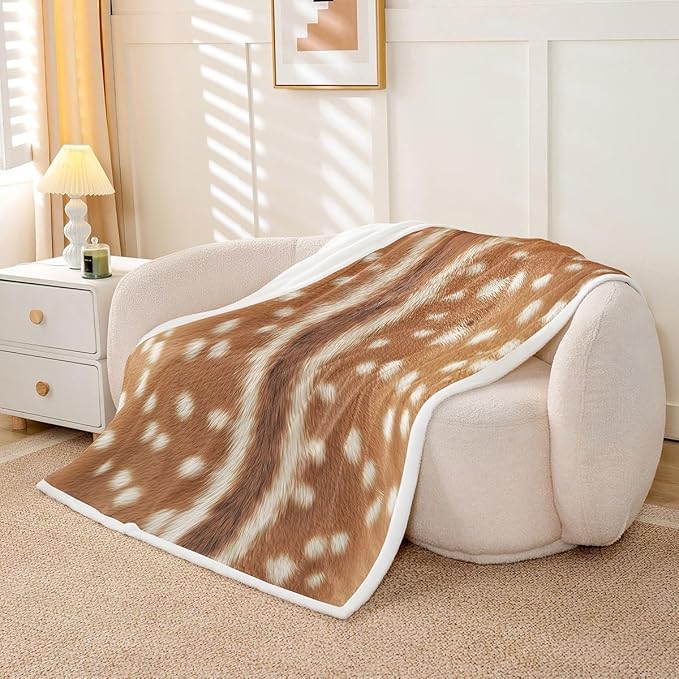 (Not Real Fur) Deer Hunting Fleece Blanket Queen 90"X90",Orange Brown Deer Hide Pattern Throw Sherpa Blanket Simulated Animal Fur Printed,Soft Lightweight Blankets for Bed Couch,Photograph Style