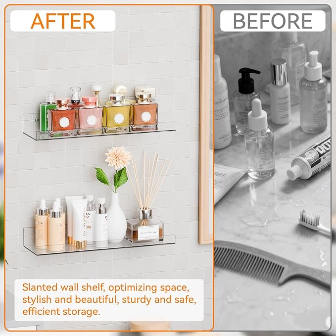 2 Pack Clear Acrylic Shelves for Wall with Adhesive,15 Inch No Drill Floating Shelves for Bathroom,Bedroom,Renter Friendly,Kids Room Bookshelf,Wall Display Shelf for Lego,Funko Pop,Figurine,Perfume