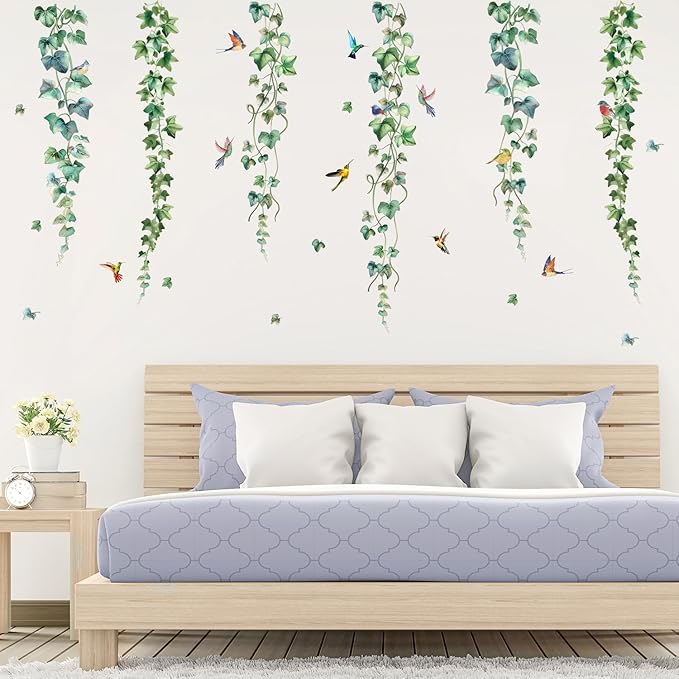 HLNIUC Nature Themed Wall Decal 35PCS Vine and Bird Self Stick Room Sticker Colourful Humming Bird Sticky Wall Decals Spring Day Wall Stickers Peel and Stick Natural Art Decal for Living Room