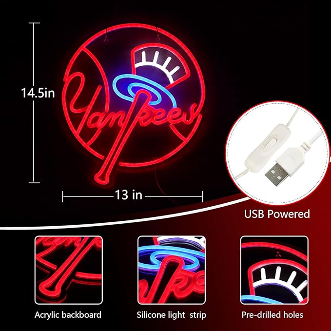 YANKEES Neon Signs for Wall Decor，Baseball Team Neon Lights for Bedroom，LED Signs Suitable for Man Cave，5V Power Adapter，Birthday、Christmas Gifts for Boys 13 * 15Inch(red+blue+white)