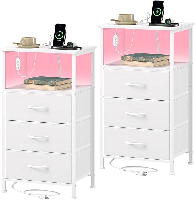 Somdot Nightstands Set of 2,Bedside Tables with Charging Station and LED Lights,Night Stand with 3 Fabric Drawers, End Tables with Open Shelf for Bedroom Living Room Entryway Hallway, White Leather