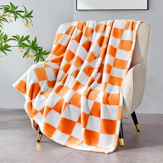 Orange Checkered Blanket, Soft Cozy Fleece Checkered Throw Blankets for Bed Sofa Couch Camping, Ultra Fluffy Throws for All Seasons, 50x60 Inch, Orange