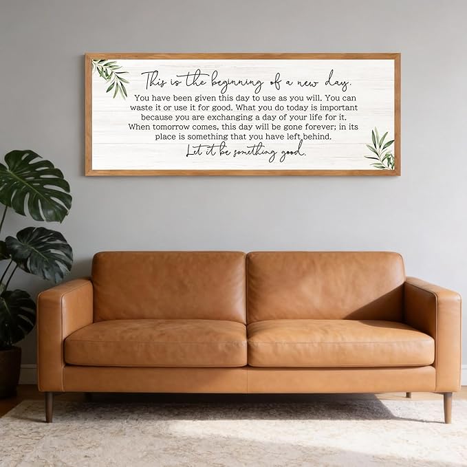 The Beginning of a New Day Wall Art – 40x15 Inch Wooden Framed Inspirational Sign with Motivational Message, Large Rustic Wood Frame Wall Decor for Living Room, Office, Entryway, Natural