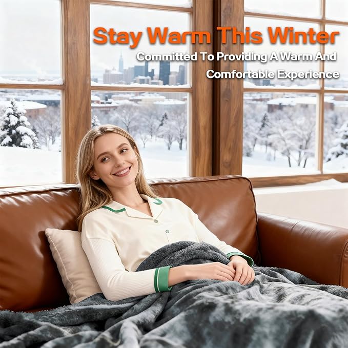 Electric Heated Blanket Throw 50''x60''Size Faux Fur Heating Blanket 10 Heating Settings, 1-8h Timer & Overheat Protection, Machine Washable, Soft Flannel and Sherpa Full Body Warmth