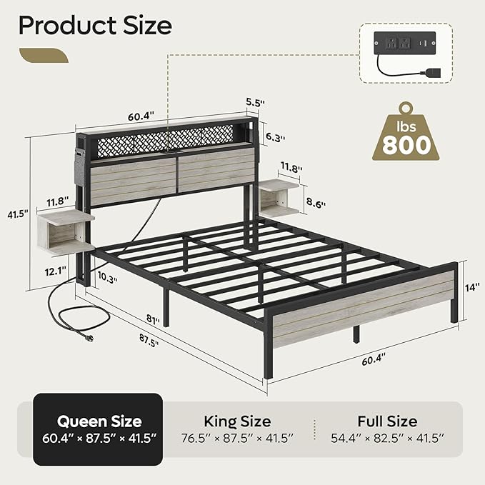 Bestier Queen Bed Frame with Horizontal Golden Stripe Storage Headboard&LED Nightstands, Metal Platform Bed with Charging Station, Heavy Duty Metal Slats, No Box Spring Needed, Noise Free(Grey Oak)