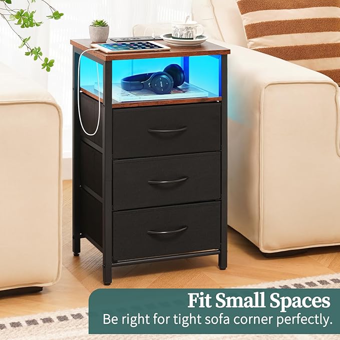 Yoobure Night Stand with Charging Station, 3 Fabric Drawers Nightstand, Bedside Tables with Storage Shelf, End Table with 16 Colors LED, Small Dresser for Small Space