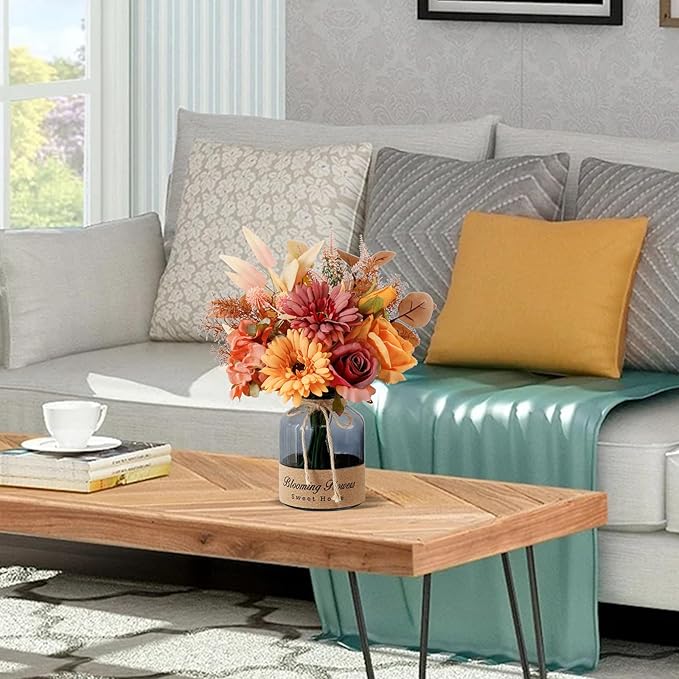Leftover Fake Fall Flowers in Vase,Artificial Flowers with Vase,Centerpiece Table Decorations,Fall Centerpieces for Tables,Fall Kitchen Decor,Fall Flower Arrangements,Home Decor Living Room