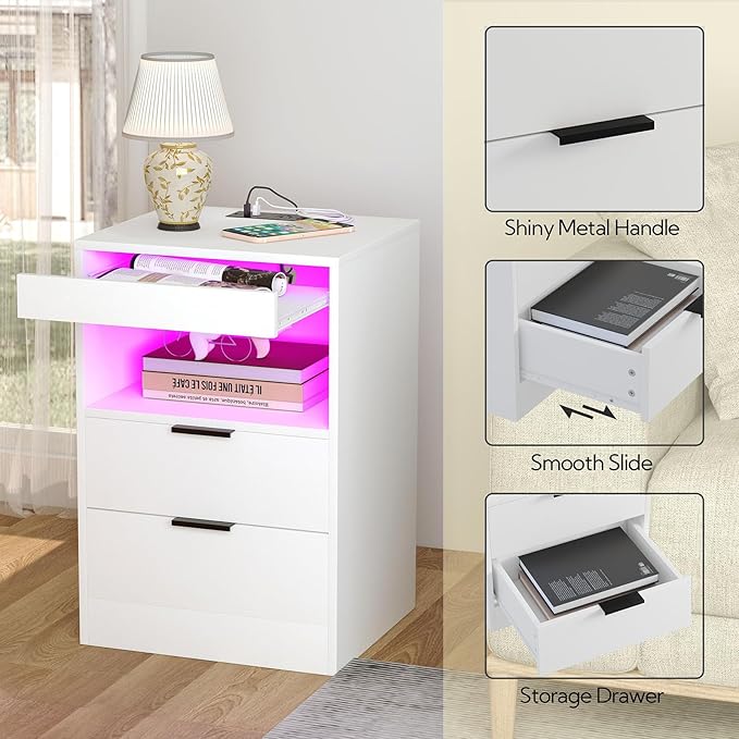 Yusong Night Stand, Bedside Table, LED Nightstand with Charging Station, Modern Night Stand, Wood Sofa Couch End Side Table with 2 Pull-Out Shelf, White