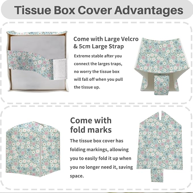Tissue Box Cover, Tissue Box Holder, Square with Belt Bottom, PU Leather Decorative Organizer for Desk, Tabletop, Countertop Bathroom, Toilet Car, Office, Dresser Bedroom, Aesthetic Flower Decor