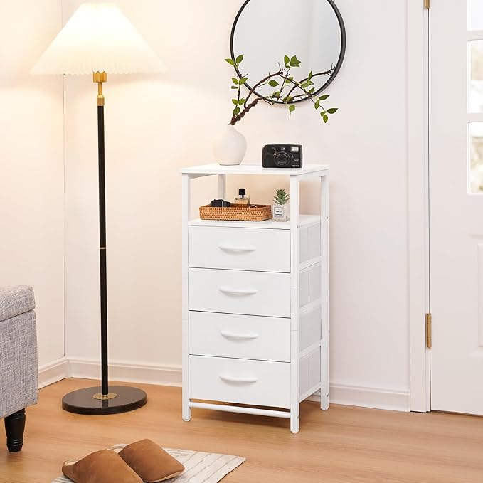Yoobure Night Stand - LED White Nightstand with Charging Station, Bedside Table with 4 Storage Drawers and Storage Shelf, End Table with USB Ports and Outlets, Tall Dresser for Bedroom