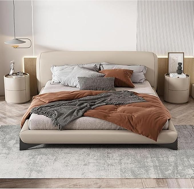 Round Nightstand, Modern End Table Minimalist Bedroom Side Table, Bedside Table with 2 Storage Drawers, Leather Night Stands for Living Room(Beige,15.8x15.8x19.7in)