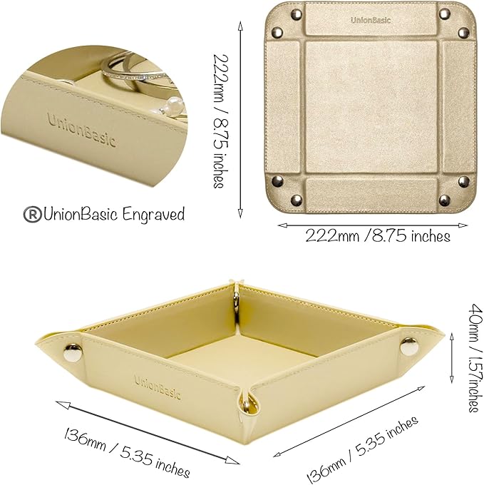 UnionBasic Small Valet Tray, Jewelry Tray for Rings Watches Earrings, Entryway Catchall Caddy for Coins Keys Change, Nightstand Bedside Valet Holder, Trays for Electronic Gadgets, Pale Gold