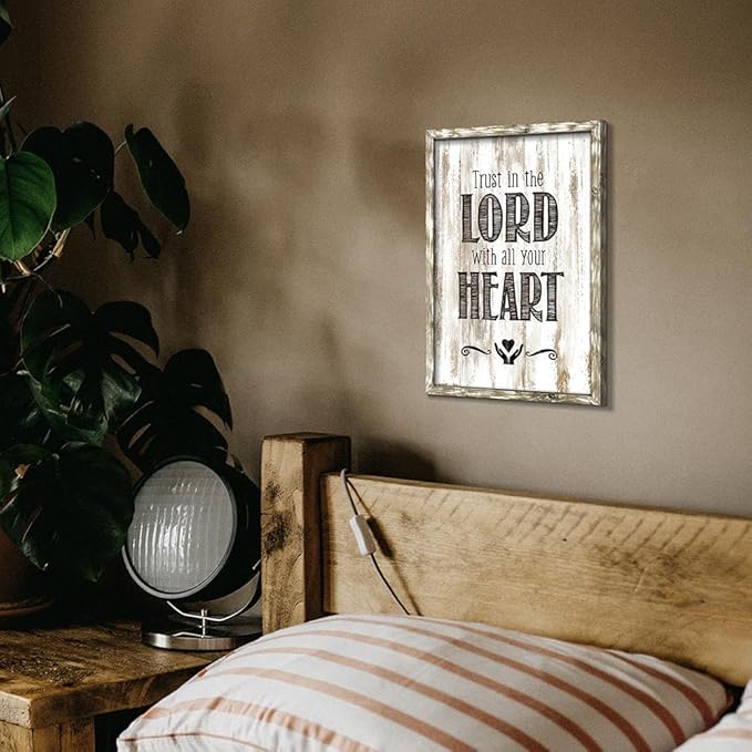 Bible Verses Wooden Wall Decor: Christian Sign Framed Art Picture Farmhouse Religious Scripture Quote Artwork Proverbs Trust in Lord Print for Home Bedroom Dining Room Decorations