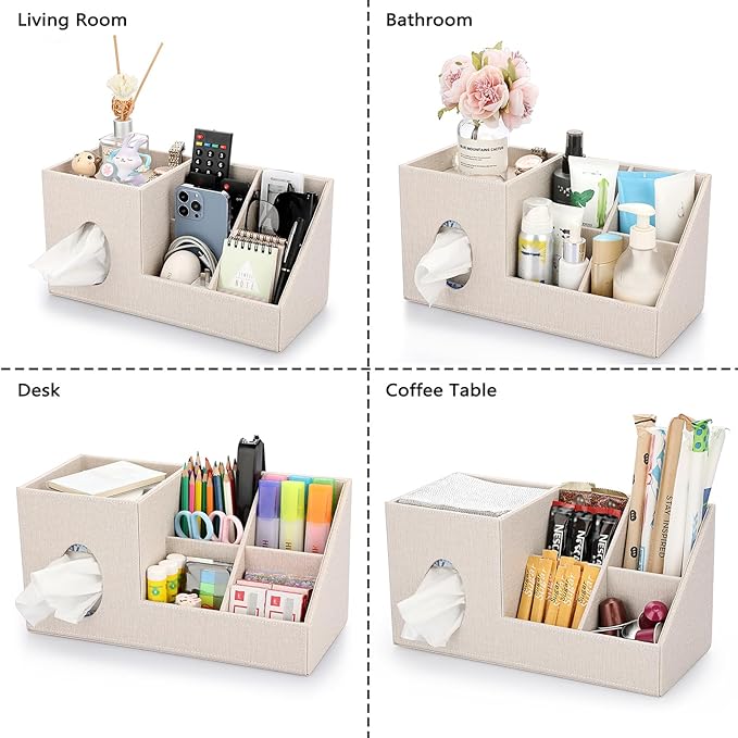 Sumnacon Square Linen Tissue Box Cover - Decorative Cube Tissue Cover with Side and Top Organizer, Modern Tissue Holder for Living Room Vanity Night Stand Table Countertop Office, Beige