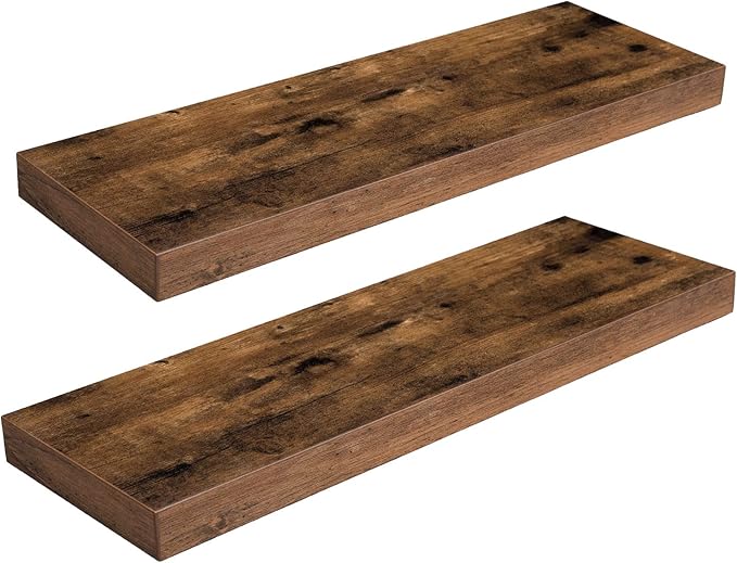 HOOBRO Floating Shelves for Wall, Wall Mounted Shelf Set of 2, 23.6" Hanging Shelf with Invisible Brackets, for Wall in Bathroom, Bedroom, Toilet, Kitchen, Living Room, Office, Rustic Brown BF60BJ01