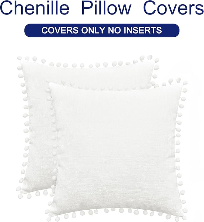 CaliTime Throw Pillow Covers Decorative 22 X 22 Inches Pack of 2 Cozy Solid Dyed Soft Chenille Cushion Cases with Pom Poms for Couch Sofa Bed Living Room Home True White
